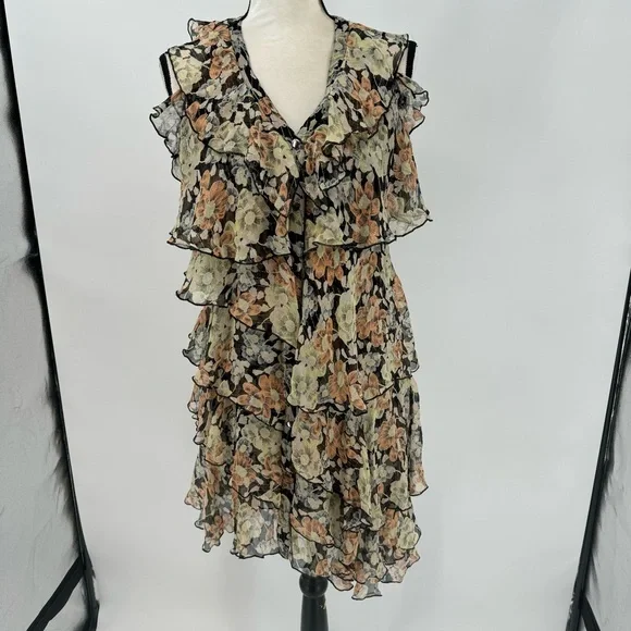 THE KOOPLES Anthropologie Wanted Silk Floral Print Ruffle Dress - Picture 4 of 16